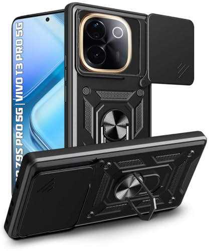 Image of WOW IMAGINE Tough Armor Bumper Mobile Back Case for iQOO Z9s Pro 5G | Vivo T3 Pro 5G | Sliding Camera Shield Cover | Shock Proof 360 Protection | Hybrid PC + TPU | Ring Holder with Kickstand - Black