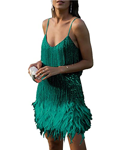 Image of xxxiticat Women's Sequin Flapper Dress Sleeveless Feather Hem Fur Fringe Tassel Splice Glitter Sparkly Shiny Mini Dress