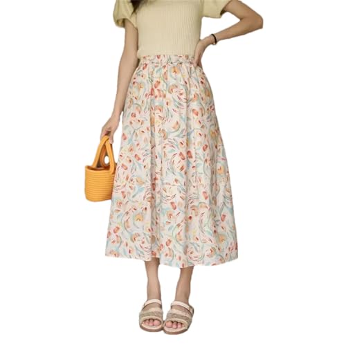 Women French Floral Chic Skirt A-LINE Elastic Waist Holiday Midi Skirts