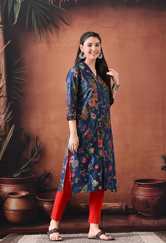 Image of Ichaa Women's Pure Cotton A-Line Ethnic V-Neck Kurta with 3 /4th Sleeve for Daily and Office Wear, in Plus Sizes