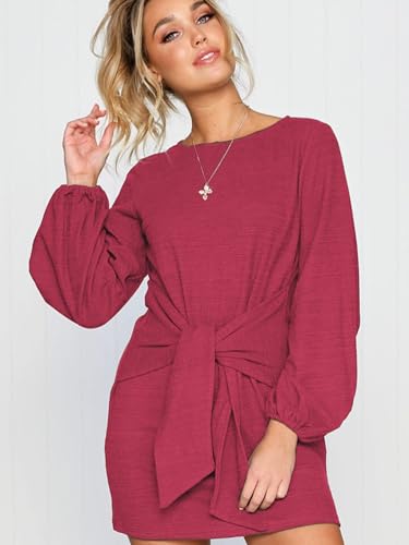 Image of PRETTYGARDEN Womens Spring Elegant Long Lantern Sleeve Short Dress Wedding Guest Crewneck Tie Waist Knit Cocktail Dresses
