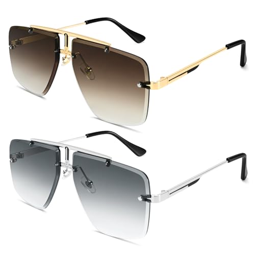 Image of Rimless Oversized Square Sunglasses for Men Trendy Fashion Big Shades Tinted Lens Gold Metal Frameless Glasses UV400