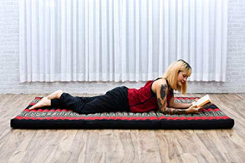 Image of Leewadee Trifold Mattress XL - Comfortable Thai Massage Pad, Foldable Relaxation Floor Mattress Filled with Kapok, Perfect to Use as a Sleeping Mat 79 x 39 inches, Black Red