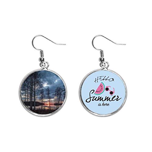Pendientes de sandía con estampado de paisaje de lago y árboles de ciencia natural