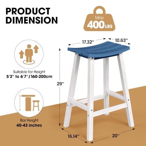Image of Ciokea 2 Set 29 inch Outdoor Bar Stools, Heavy Duty HDPE Outdoor Stools Weatherproof Waterproof Patio Seats Modern Bar Height Tall BarStools for Bar Deck Balcony Yard, White and Navy Blue