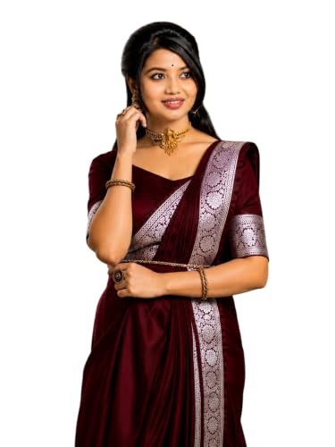 Image of Women's Glory Banarasi Satin Silk Saree Plain Silver Zari | Unstiched Blouse Piece Included.