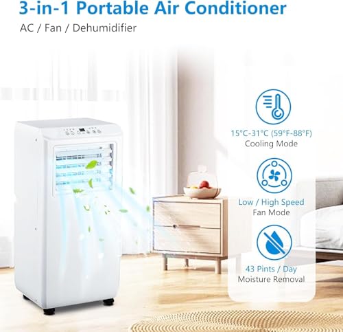 Image of PioneerWorks 10,000 BTU Portable Air Conditioner for Rooms up to 450 Sq.Ft, 3-in-1 Cooling Unit with Dehumidifier & Fan, Includes Remote Control and Easy Installation Kit