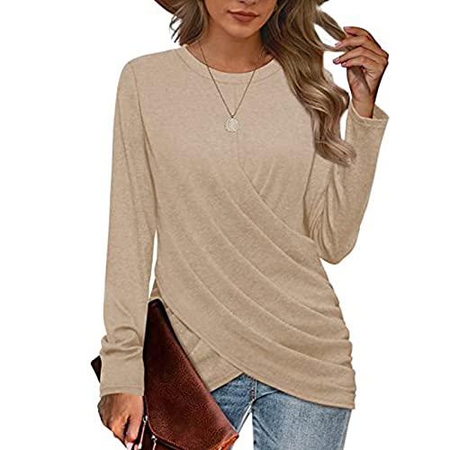 Plus Size Christmas Costumes For Women, Crop Tops For Women Ladies Tops And Blouses Women's Fashion Casual Round Neck Cross Pleated Loose Long Sleeve Top Business Casual For Women(Khaki-4,Xx-Large) #TOP2