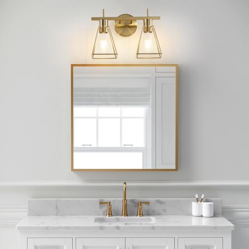 Image of Industrial Bathroom Vanity Lights: 2-Lights Brush Gold Vintage Metal Cage Wall Sconces - Rustic Farmhouse Lightning Fixture Over Mirrors Cabinet for Dressing Hallway