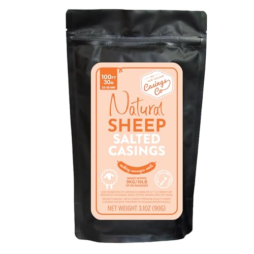Natural Sheep Casings for Sausage Making, 22-26mm, With Shorts, Great Hot Dog or Breakfast Sausage Casing, Edible, A Grade, Halal, From New Zealand, 100" Makes 19lb Sausages, Not Pre-Tubed