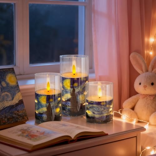 Image of Flickering Flameless Candles, Recessed String Light LED Candles Acrylic Battery Operated LED Pillar Candles Van Gogh Art Painting Style for Home Decor Set of 3(Starry Night Printed)