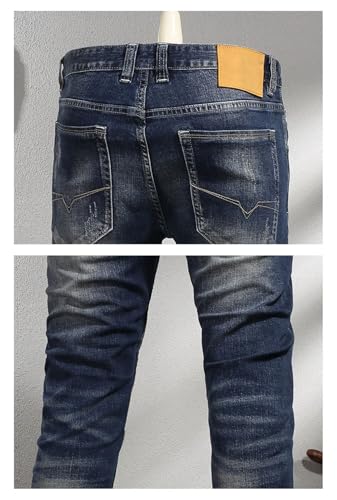Men's Spring Dark Blue Washed Wear Vintage Distressed Stretch Slim-Fitting Small Straight Jeans2