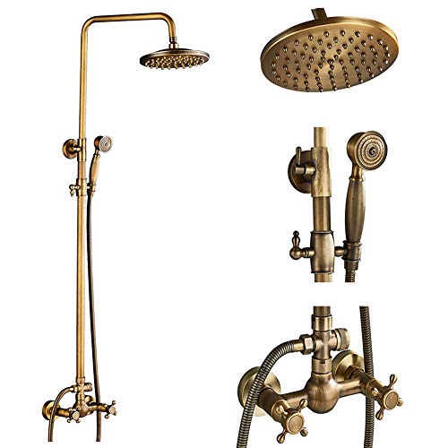 Review Product Votamuta Brass 8 Inch Rain Shower Head with Hand Sprayer,Wall Mount Shower Faucet Set,2 Way Diverter Mixer Valve,Antique Brass Finish