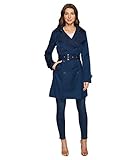 Tommy Hilfiger Women's Double Breasted Trench Coat with Striped Belt, Navy, Small