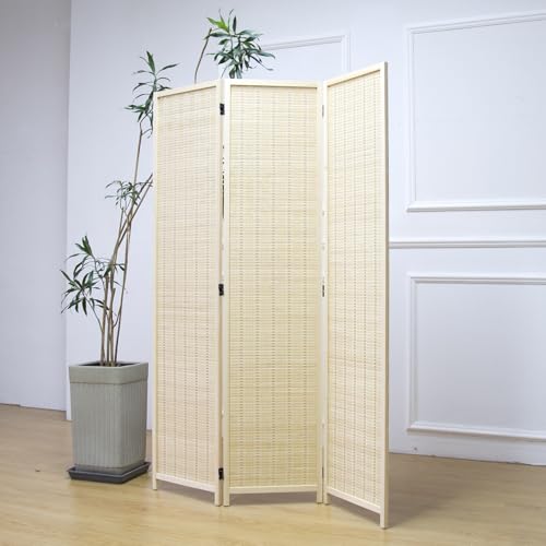 Furnnylane 3 Panel Bamboo Room Divider and Folding Panel Screen,Bamboo Panel Divider for Room Separation,Beige,170 cm H x 117 cm W