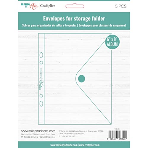 Image of Craftelier - Set of 5 Clear Plastic Envelopes with Closure | Compatible with Stamp and Die Organiser Case with 2 Ring System | Size Approx. 6 inch x 8 inch (15.24 x 20.32 cm)