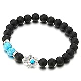 COOLSTEELANDBEYOND Hamsa Mano di Fatima Protezione, Bracciale Uomo Donna, Braccialetto Nero Blu Satinato Pietra, Prayer Mala