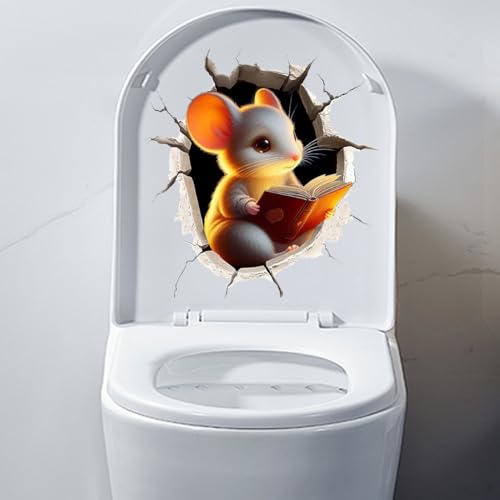 Mouse Reading Book Toilet Sticker Decal Mouse Hole Sticker with 3D Effect,Squirrel MouseToilet Seat Lid Cover Decoration (White Mouse)