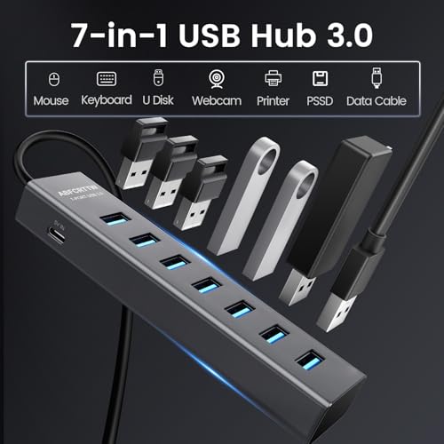 Image of USB C to USB Hub Multiport Adapter, Aluminium 7-in-1 USB C Hub Multiport Adapter, USB Extenders, USB to USB c Adapter for MacBook Pro /Air, Laptop, iPad, iMac, U Flash, PSSD, HDD, Keyboard, Mouse