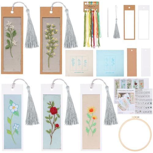 SUNNYCLUE DIY 5 Sets Embroidery Bookmark Set Bookmark Making Kit Instruction Included Cross Stitch Bookmark Floral Plant Flower Counted Cross Stitch Kits for Beginners Adults School Office Gifts Craft