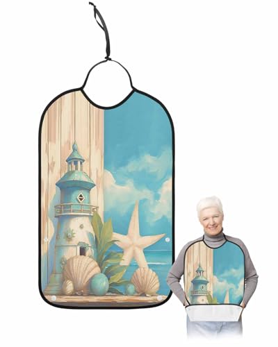 Summer Ocean Starfish Adult Bib for Adults Men,Women,Beach Light-house Shell Plants Sky Blue Washable & Adjustable Terry Cloth Bib with Crumb Catcher Reusable Clothing Clothes Protector Apron