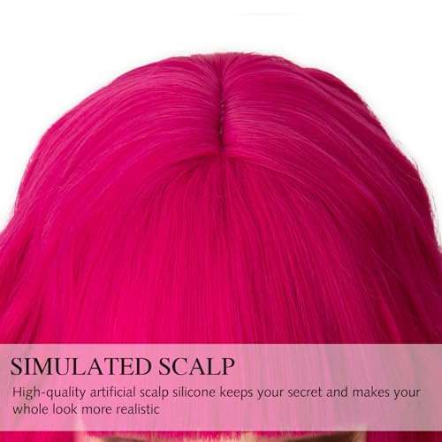 Image of Rose bud Wavy Bob Wig with Bangs Natural Hot Pink Wig Synthetic Hair Shoulder Length Short Curly Wigs for Women