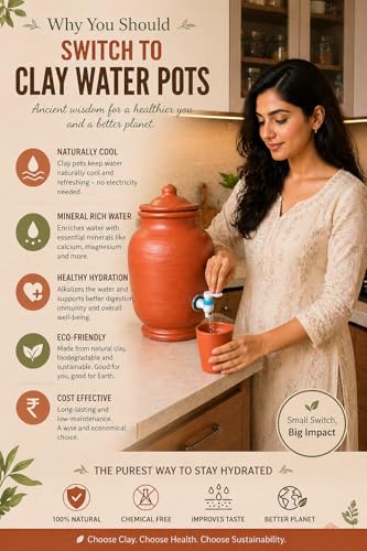 Image of KUYAVAN MUDPANDAM 5 Litre Clay Water Pot with Tap & Lid | Terracotta Matka with 200 ML Clay Glass | Natural Cooling Earthen Water Dispenser for Home & Kitchen