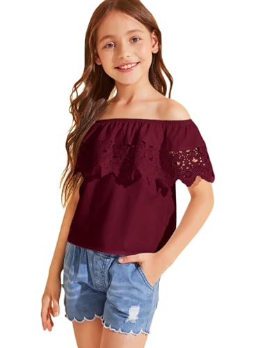 Image of WDIRARA Girl's Folklorico Shirt Off Shoulder Ruffle Trim Lace Blouse Tops | Short Sleeve, Mexican Blouse, Dressy Peasant Tee, Casual