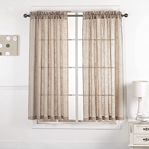 DiamondHome Taupe Semi Sheer Curtains 63 Inch Long, Light Reducing Sheer Privacy Curtains, Sheer Linen Curtains Window Treatment Drapes, Taupe, 2 Panels