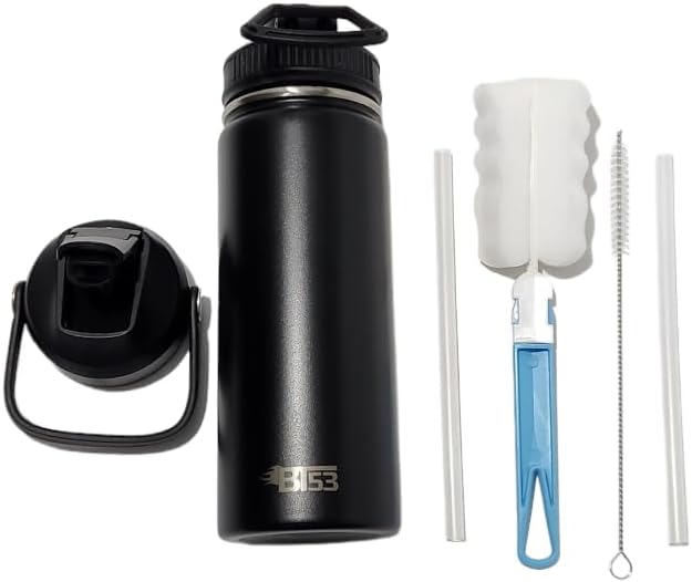 BT53, Stainless Steel Water Bottle/Sports Bottle/Vacuum Flask, BPA Free, Insulated Double Walled Keeps Drinks Hot and Cold, With Two Different Design Lids, 500ML/18OZ (Black)