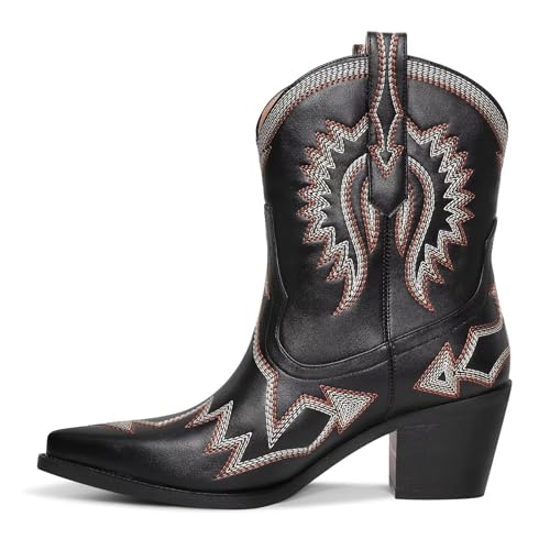 Image of HOCHFART Western Boots for Women Metallic Embroidered Pointed Toe Cowgirl Boots Chunky Heel Pull-On Short Cowboy Boots Wide Calf Country Ankle Boots