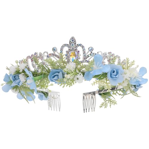 KorViSHOW Blue Flower Crown Headband Artificial Fairy Floral Headpiece Princess Bridal Flower Tiaras for Women Girls Maternity Birthday Wedding Renaissance Festival Party Hair Accessories