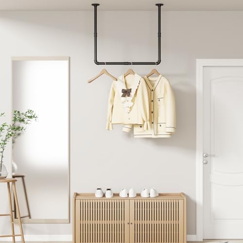 YheenLf Kleiderstange Deckenmontage schwarz aus Metall, Garderobenstange Deckenmontage 30 kg Traglast, in Handarbeit hergestellt & pulverbeschichtet, Hängende Kleiderstange B69cm x H60cm