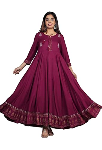 Image of Women's Rayon Golden Flroal Printed Anarkali Kurti