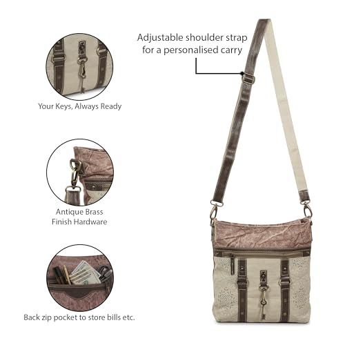 Image of 3Blifestyle - Vintage Key Crossbody Purse | Upcycled Canvas & Leather Shoulder Bag for Women | Multi Pocket Messenger Bag
