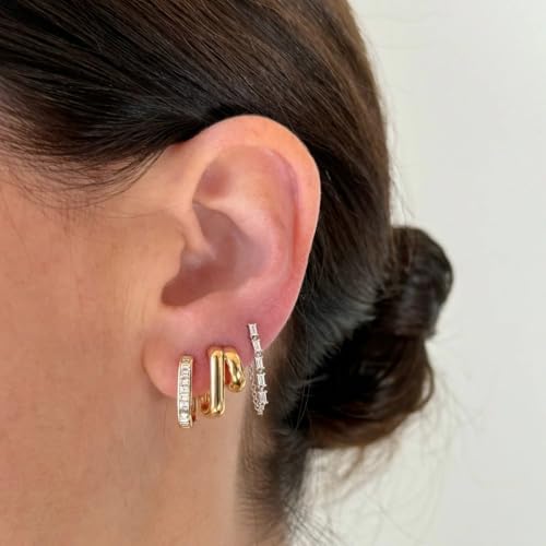 Image of Obidos 14K Gold Plated Illusion Stud Earrings for Women | Triple Huggie Hoop Earrings for One Hole| Trendy Simple Hypoallergenic Fashion Accessories Gold Jewelry Gifts for Womens