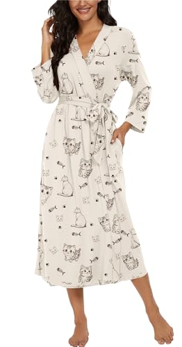 Image of VINTATRE Robes for Women Long Knit Bathrobe XS-4XL | 3 /4 Sleeve Bathrobes with Pockets, Stretchy and Lightweight Fabric, Inner Tie and Fixed Outer Belt, Mid Calf Length