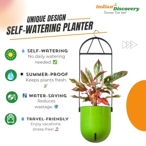 Image of Indian Discovery Self Watering Ceiling Hanging Planter|Hanging /Hooked Flower Pots for Home, Balcony, Garden Decor Flower Pots(1 Pcs, Parrot Green, Sphere)|6 Inch UV-Resistant Plastic Plant Pots