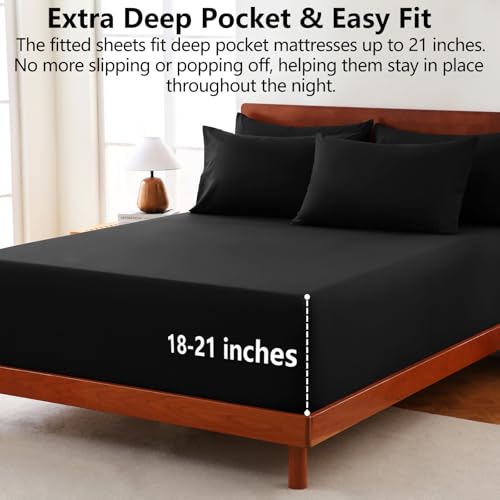 Image of CozyLux 6-Piece Full Size Bed Sheets, Fits 18-21 Inch Mattresses, Oeko-TEX | 4 Pillowcases, 1 Flat Sheet and 1 Fitted Sheet with All-Around Elastic and 21-Inch Deep Pocket for a Secure Fit, Black