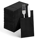 Linen-Feel Black Paper Napkins, Cloth Like Dinner Napkins with Built-in Flatware Pocket, Pre-Folded Absorbent Napkins Disposable Guest Paper Hand Towels for Bathroom, Weddings Party Napkins (50 Pack)