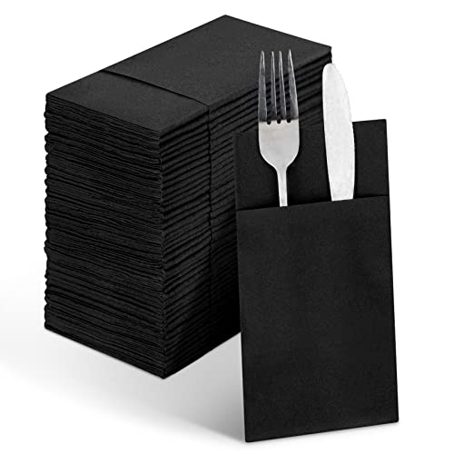 Linen-Feel Black Disposable Dinner Napkins with Pocket