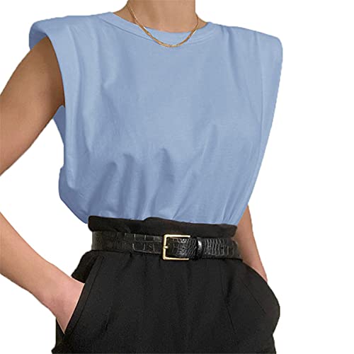 I3CKIZCE T-Shirt pour Femme sans Manches avec Epaulettes T-Shirt Femme Décontracté Col Rond Lâches Hauts Tuniques (Bleu, M) Cover
