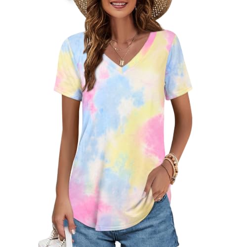 Image of Elesomo Womens T Shirts V Neck Summer Short /Long Sleeve Cotton Tops Tees