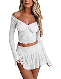 2 Pieces Mini Skirt Set for Women Elegant Lace Crop Top Bodycon Skirts Sheer Mesh Y2K Matching Sets(A Elegant Off Shoulder White,M