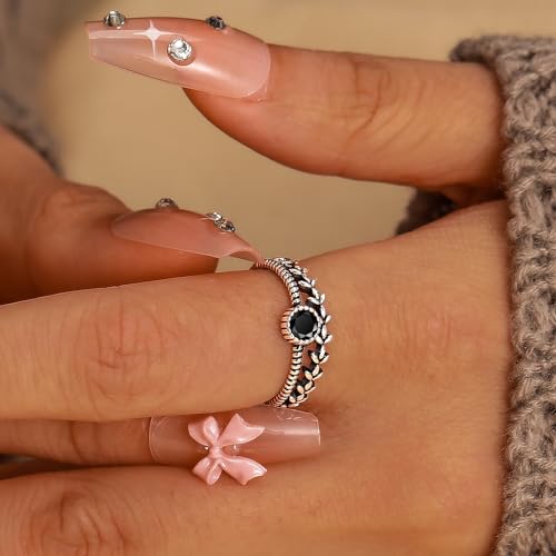 Layered Black Onyx Leaf Ring for Women Men Adjustable Leaf Stacking Ring Dainty S925 Sterling Silver Double Layer Statement CZ Black Birthstone Engagement Promise Ring Birthday Jewelry3