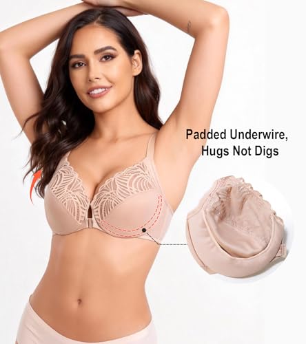 Image of HACI Women's Front Closure Bra Underwire Unpadded T-Back Plus Size Lacy Full Coverage Racerback T-Shirt Unlined