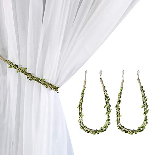 Image of Valea Home Curtain Tiebacks Ropes Natural Burlap Rope Holdbacks with Artificial Vines Fake Foliage Ivy Leaf for Rustic Wedding Party Home Decorative Curtain Holders, Set of 2