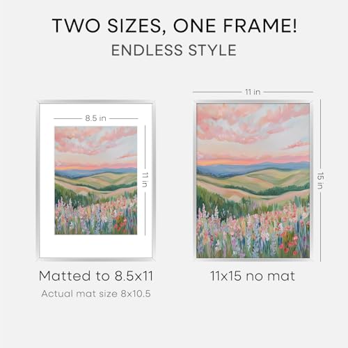 Image of Homeforia 11x15 Picture Frame Silver, High End Metal 11x15 Frames with Mat 8.5x11, 11 x 15 Silver Poster Frames Matted to 8.5 x 11 inch Photo, 11by15 Hanging Frames, Tempered Glass, Wall Kit, Set of 2