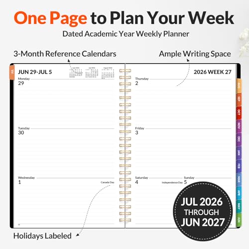SUNEE Academic Planner 2026-2027 – Weekly & Monthly Planner, July 2026 to June 2027, 6.4\"x8.3\", Thick Paper, Tabs, Pockets, Bookmark, Spiral-Bound, Student Teacher Organizer, Black