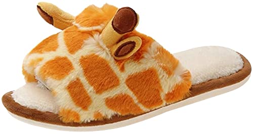 Womens Funny Giraffe Cartoon Slippers Furry Plush Warm Lining Anti-Slip House Shoes Open Toe Lightweight Indoor Outdoor Slippers